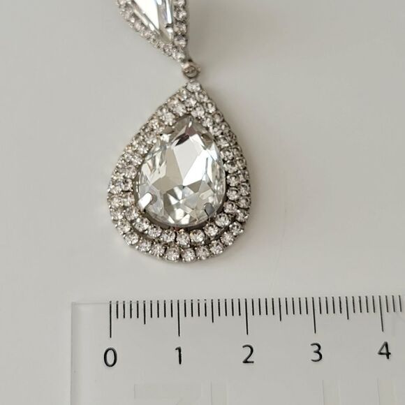 Silver Tone Earrings Crystal Double Tear Drop Earrings #0019 - Picture 8 of 8